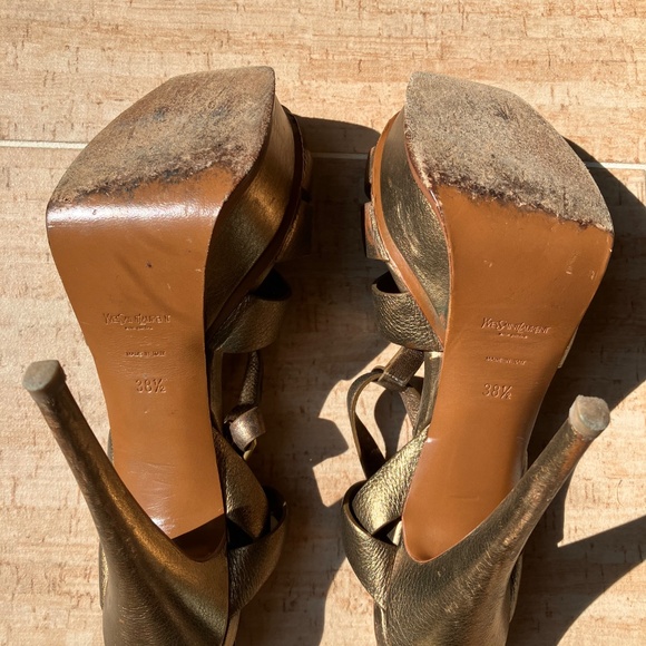 Yves Saint Laurent Tribute Platform Leather Pumps Dark Gold Metallic - Picture 9 of 11
